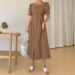 Square-neck Pintuck-waist Shirtdress