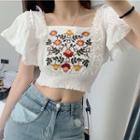 Floral Embroidered Square-neck Cropped Blouse White - One Size