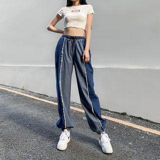 Paneled Distressed Denim Sweatpants