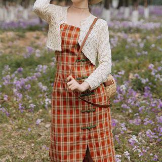 Set: Spaghetti Strap Plaid Frog-buttoned Midi Shift Dress + Cropped Cardigan