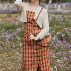 Set: Spaghetti Strap Plaid Frog-buttoned Midi Shift Dress + Cropped Cardigan
