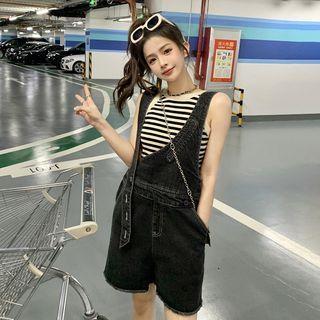 Striped Halter Knit Top / Denim Dungaree Shorts