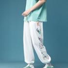 Lettering Print Drawstring-cuff Cropped Pants