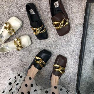 Chunky Chain Faux Leather Square Toe Loafers