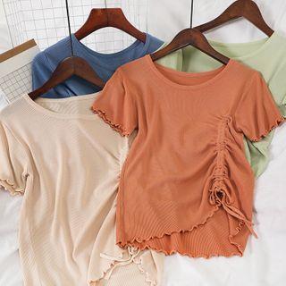 Drawstring-front Short-sleeve Lettuce Edge Knit Top