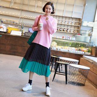 Two-tone Long Accordion-pleat Skirt