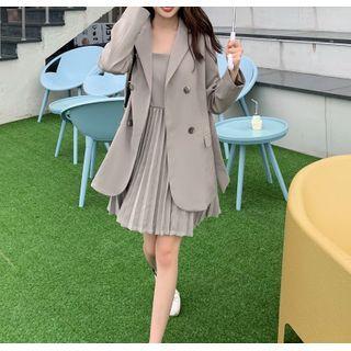 Plain Tie-waist Blazer / Pleated Strappy Mini Dress