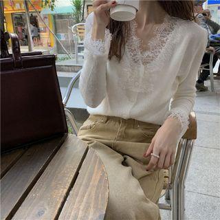 V-neck Lace Trim Cardigan White - One Size