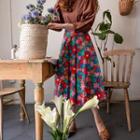 Band-waist Floral Print Skirt Blue - One Size