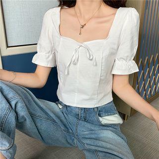 Puff-sleeve V-neck Ribbon-back Top