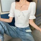 Puff-sleeve V-neck Ribbon-back Top