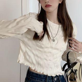 Long-sleeve Frill Trim Top Almond - One Size