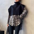 Leopard Corduroy Long-sleeve Loose-fit Shirt / Turtle-neck Knit Top