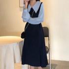 Long-sleeve Color Block A-line Midi Dress Blue - One Size