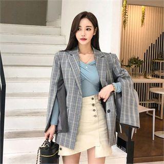 Slit-sleeve Plaid-panel Jacket