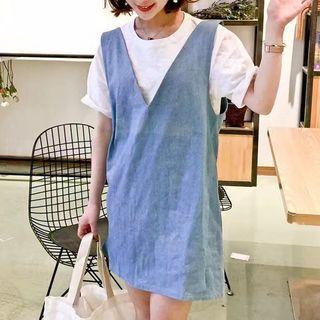 Denim Mini A-line Overall Dress Blue - One Size