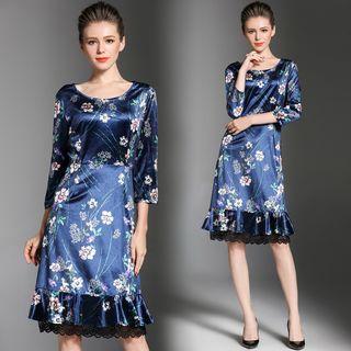 3/4-sleeve Ruffle Floral Dress