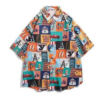 Elbow-sleeve Lettering Hawaiian Shirt