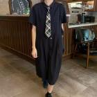 Short-sleeve Midi A-line Dress / Neck Tie