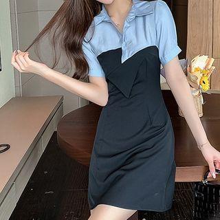 Mock Two-piece Short-sleeve Mini Sheath Shirtdress