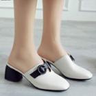 Round Buckled Block Heel Mules