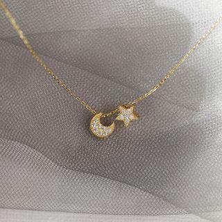 925 Sterling Silver Rhinestone Moon & Star Pendant Necklace Star & Moon - Gold - One Size