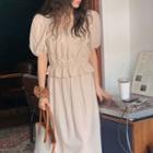 Lantern-sleeve Square Neck Blouse + High-waist Plain Skirt Light Khaki - One Size
