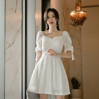 Puff-sleeve Ruffled Lace A-line Dress