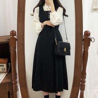 Plain Long-sleeve Blouse / Midi A-line Pinafore Dress