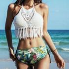 Set: Perforated Fringed Swim Top + Floral Swim Bottom