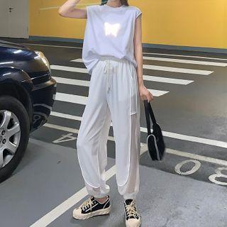 Set: Sleeveless Printed Tank Top + Plain Sweatpants