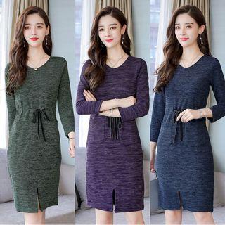 3/4-sleeve Tie-waist Sheath Knit Dress