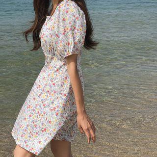 Square-neck Floral Print Dress Sky Blue - One Size