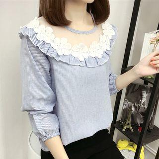 Pinstriped Lace Trim Mesh Panel Blouse