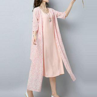 Set: Printed Elbow-sleeve Light Jacket + Plain Tank Dress