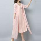 Set: Printed Elbow-sleeve Light Jacket + Plain Tank Dress