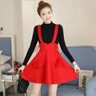 Set: Mock Turtleneck Long-sleeve Top + Suspender Mini A-line Skirt