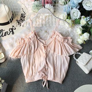 Lace-up Off-shoulder Ruffle-hem Blouse