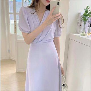 Short-sleeve A-line Midi Wrap Chiffon Dress