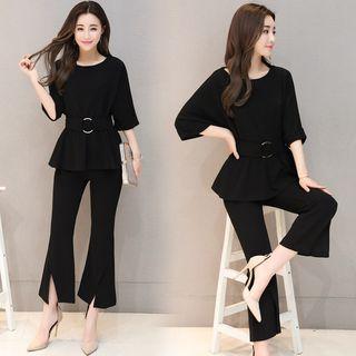 Set: Belted 3/4-sleeve Top + Slit-front Pants