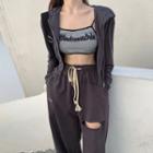 Lettering Print Cropped Camisole Top / Hooded Zip Jacket / Cutout Sweatpants