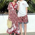Couple Matching Elbow-sleeve Midi A-line Dress / Shorts / T-shirt