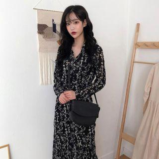 Floral Print Long-sleeve Midi Crinkle Chiffon Dress