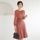 Tall Size Puff-shoulder Pleated Dress With Sash