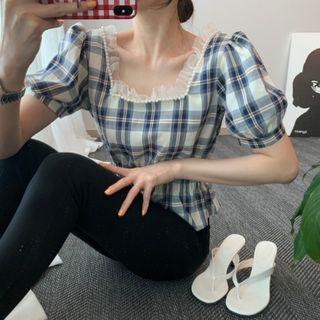 Lantern-sleeve Lace Trim Plaid Blouse