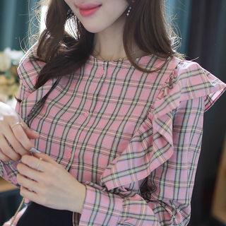 Collarless Ruffle-trim Checked Blouse