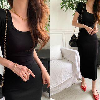 Square-neck Slit-hem T-shirt Dress