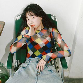 Patterned Mesh Long-sleeve Top