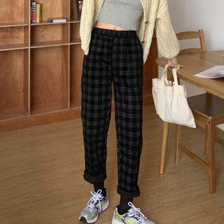 Corduroy Plaid High-waist Pants
