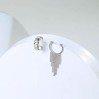 Fringed Sterling Silver Asymmetrical Cuff Earring 1 Pair - Fringed Sterling Silver Asymmetrical Cuff Earring - Silver - One Size